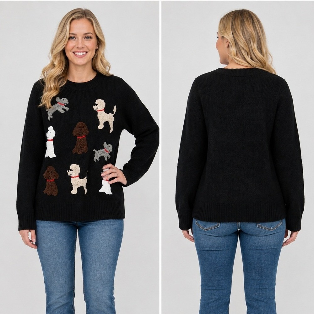 Black Poodle Dog Graphic Sweater Small Black Crewneck Knit Novelty Animal Kitsch